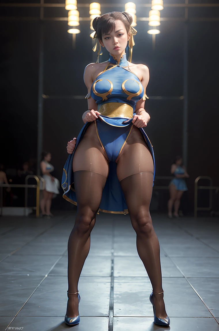 explicit content, adult content, full body Photo of Chun Li, hair down, sad, Wearing her very sexy torn blue dress that shows her naked pussy, _black pantyhose, dramatic lighting, Nikon D850, FILM STOCK, Photography 4 Kodak Portra 400 Camera F1.6 lenses, rich colors, (hyper realistic full body shot:1.6), realistic texture, (show her full body:1.8), beautiful face, (full body photo:1.7), (sexy short minidress that shows her naked pussy1.8), (high heels sexy shoes:1.6), (full body picture of chun li standing up in the middle of the arena:1.8), (she wears hot black pantyhose:1.6), (slim legs:1.8), (full body picture:1.8), (full body image:1.8)
