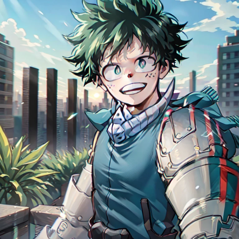 Masterpiece, Best quality, cowboy shot, solo, male focus, 1boy, midoriya izuku, smile, looking at viewer, short green hair, green eyes, green bodysuit, gloves, outdoors, city background, sunny day