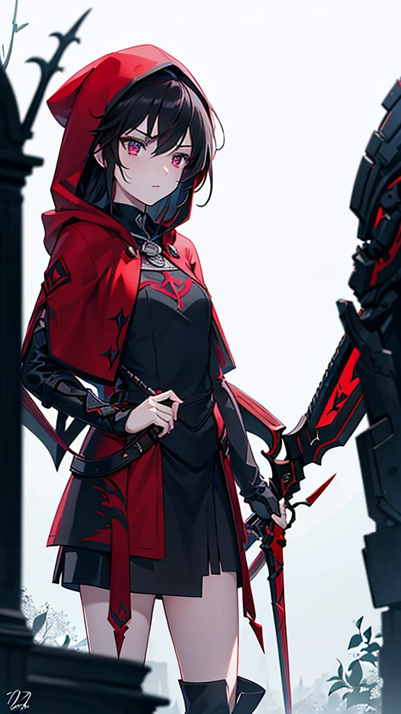 a breathtakingly beautiful young girl, Ruby Rose, from the anime series RWBY, medium shot, detailed face with striking silver eyes, long dark hair with red highlights, wearing a red hooded cloak, posing confidently with her signature scythe weapon, highly detailed, 8k, photorealistic, dramatic lighting, cinematic composition, fantasy, dark moody atmosphere, dynamic pose, intricate costume design, lush foliage background, dramatic depth of field