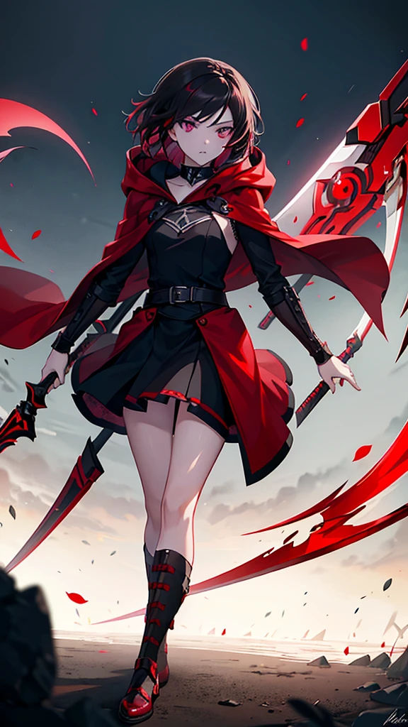 a breathtakingly beautiful young girl, Ruby Rose, from the anime series RWBY, medium shot, detailed face with striking silver eyes, long dark hair with red highlights, wearing a red hooded cloak, posing confidently with her signature scythe weapon, highly detailed, 8k, photorealistic, dramatic lighting, cinematic composition, fantasy, dark moody atmosphere, dynamic pose, intricate costume design, lush foliage background, dramatic depth of field