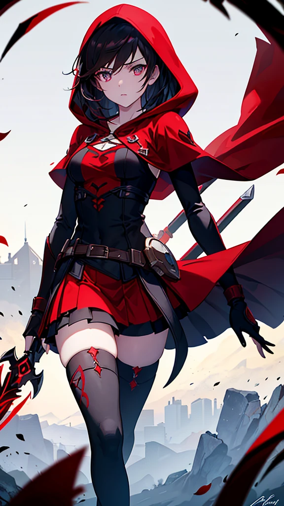 a breathtakingly beautiful young girl, Ruby Rose, from the anime series RWBY, medium shot, detailed face with striking silver eyes, long dark hair with red highlights, wearing a red hooded cloak, posing confidently with her signature scythe weapon, highly detailed, 8k, photorealistic, dramatic lighting, cinematic composition, fantasy, dark moody atmosphere, dynamic pose, intricate costume design, lush foliage background, dramatic depth of field