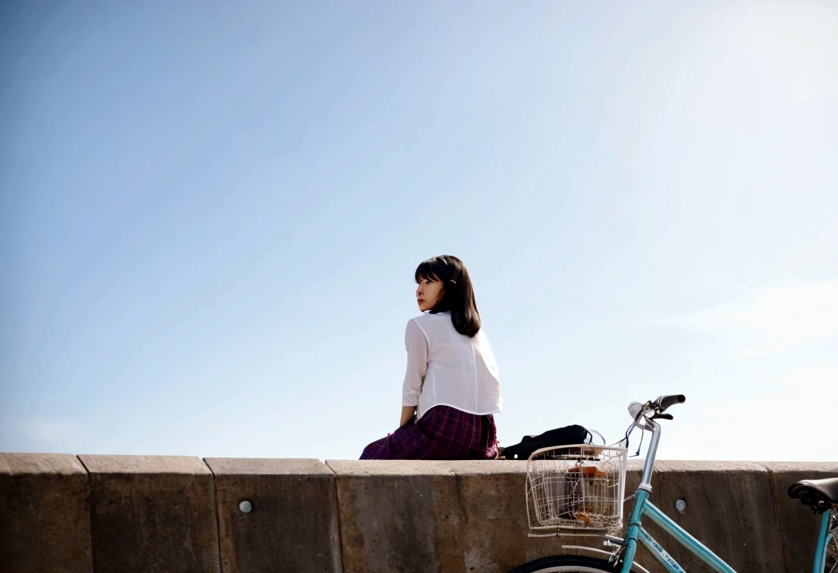 Arabian woman sitting on a wall with her bike and basket, girl sitting on a rooftop, Portrait of a Japan teenager, Looking into the distance, Taken with a Sony A3 camera, Looking into the distance, 10th generation women , Turning away from the camera, medium wide shot, Panoramic view of the girl, Look up at the sky, Looking away from the camera