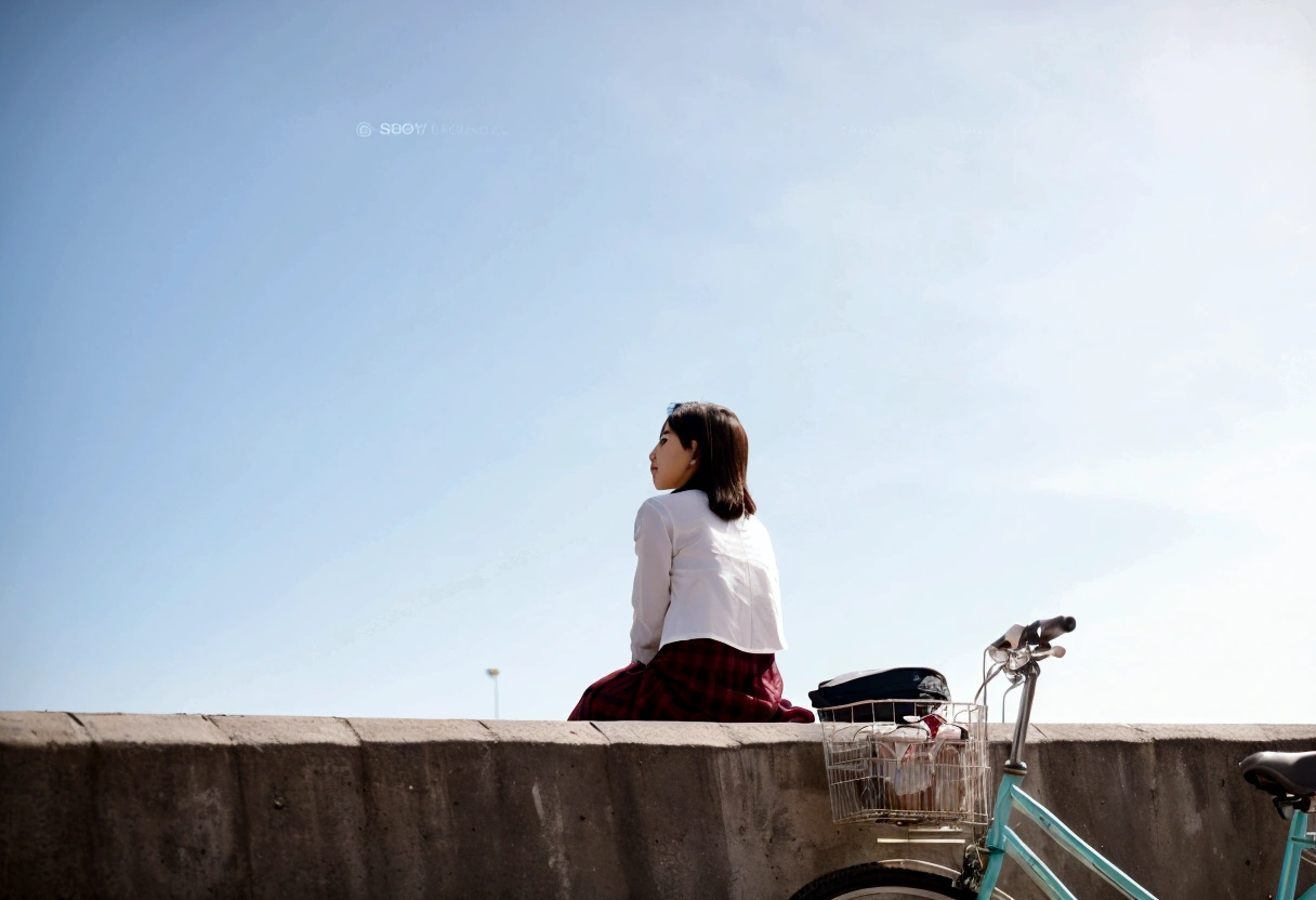 Arabian woman sitting on a wall with her bike and basket, girl sitting on a rooftop, Portrait of a Japan teenager, Looking into the distance, Taken with a Sony A3 camera, Looking into the distance, 10th generation women , Turning away from the camera, medium wide shot, Panoramic view of the girl, Look up at the sky, Looking away from the camera