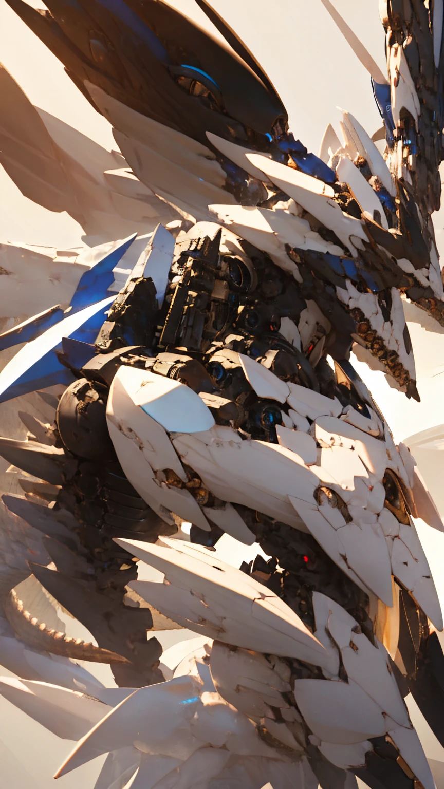 White hair, blue eyes, Celestial dragon, black horn, gigantic white and blue dragon wing, knight, duel sword, Turret