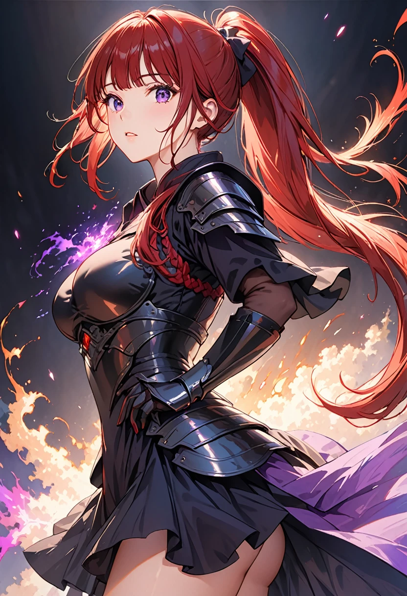 ((Top Quality)), ((Masterpiece)), (Detail), high resolution, Perfect Face, Fine Eyes, detailed eyes, Depth of Field, Special Shading, (photorealistic), (from below), looking at viewer, (1 beautiful girl), sharp eyes, Dynamic posture, large breasts, (red hair, long hair, high ponytail, blunt bangs), ((Dark looking outfits, armor Dresses)) BREAK (aura effect1.2), She wears a purple aura, Intense battle scenes, Light particles, (simple black background)