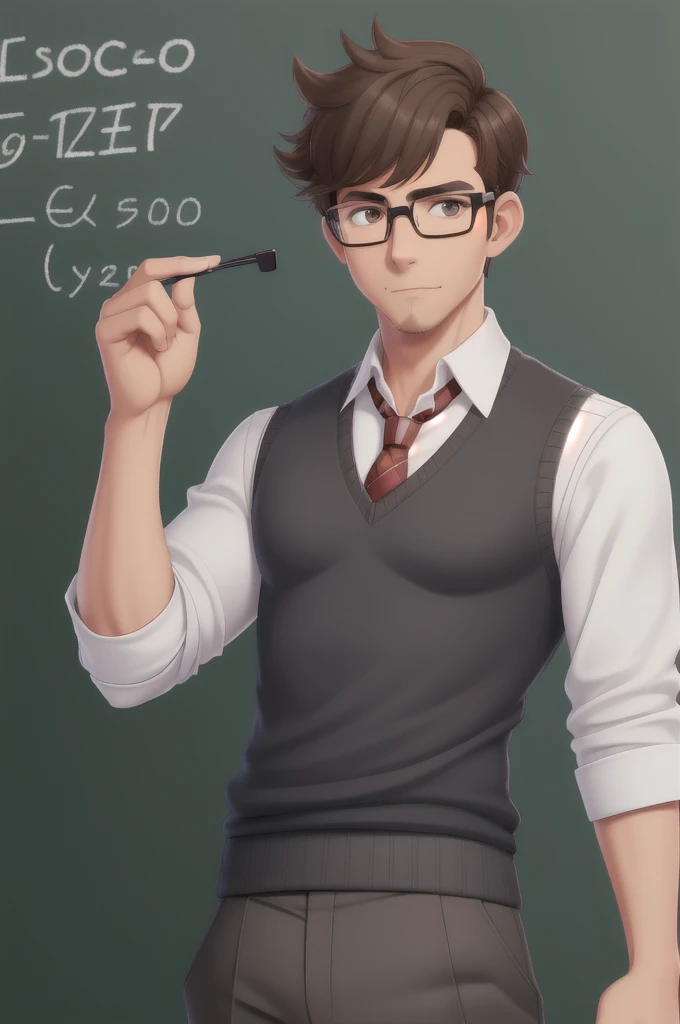 score_7, score_8, 1man, ((solo)), nerd, a handsome man, brown hair, styled hair, adjusting glasses, bulge in pants, sharp eyes, black glasses, in front of a chalkboard, teacher, sweater vest, tie, plaid pants
