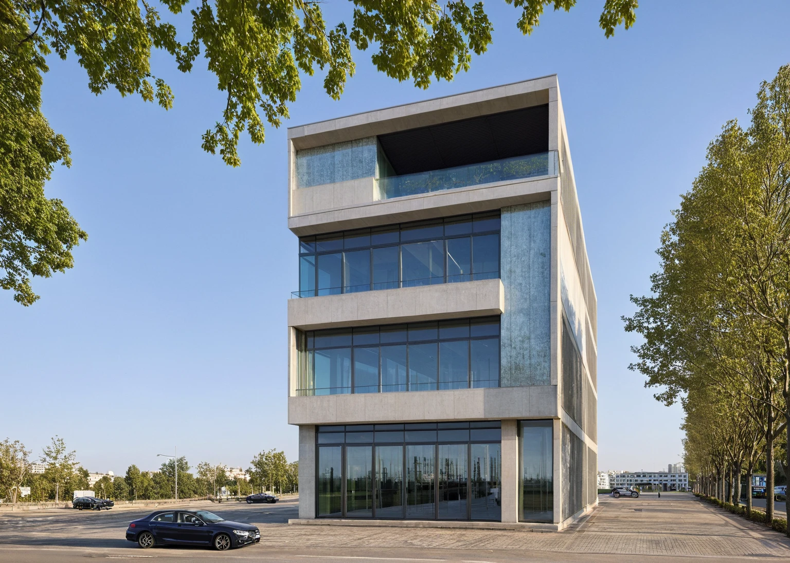 masterpiece , best quality, ((Office Building)), outdoors, sky, day, tree, blue sky, ground vehicle, building, scenery, motor vehicle, walking, city, car, road, lamppost, street, real world location,