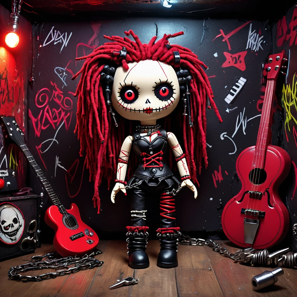 (knitted toy voodoo doll:1.8), (Voodoo Gothic Punk:1.3), (Clothing Black leather pants, red and black corset, massive chains and rivets:1.0), (in the background Dark basement with neon graffiti on the walls and scattered musical instruments:1.2), best quality, masterpiece, detailed soft oil painting, detailed background, dramatic cinematic lighting, soft edge lighting, professional, dramatic lighting, hard edge lighting, ultra quality, 4k, masterpiece, best quality, 8k, ultra high definition, high resolution, extremely detailed
