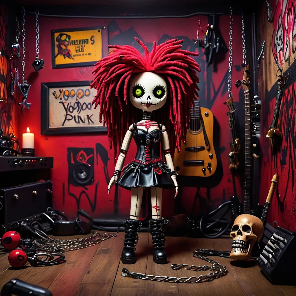 (knitted toy voodoo doll:1.8), (Voodoo Gothic Punk:1.3), (Clothing Black leather pants, red and black corset, massive chains and rivets:1.0), (in the background Dark basement with neon graffiti on the walls and scattered musical instruments:1.2), best quality, masterpiece, detailed soft oil painting, detailed background, dramatic cinematic lighting, soft edge lighting, professional, dramatic lighting, hard edge lighting, ultra quality, 4k, masterpiece, best quality, 8k, ultra high definition, high resolution, extremely detailed