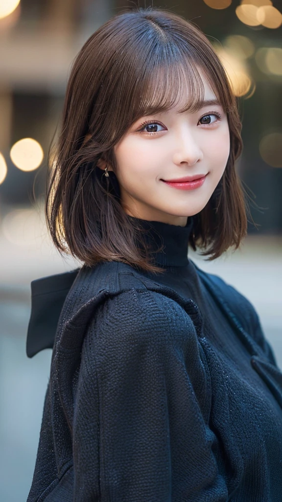 (((Brown, shoulder-length, straight short bob)))、(((Casual black winter long sleeves covering the shoulders)))、27-year-old woman、Brown Hair Color、Shiny, Ultra-realistic faces、smile、Watery eye、Subtle lighting effects、 Ultra-Realistic Capture、Navy blue dress, Very detailed、 The detail must be such that the pores are clearly visible.、Use natural light and color((Sigma 300mm F/1.4,1/1000 sec shutter,ISO400)))