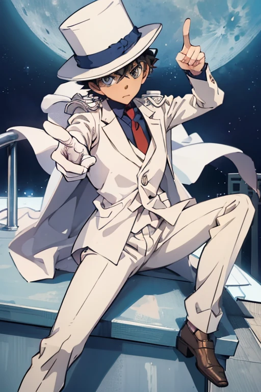 ((1 boy)),white suit,silk hat,detective conan-kaitou kid,white cape,sitting,rooftop,moon night,pointing a gun