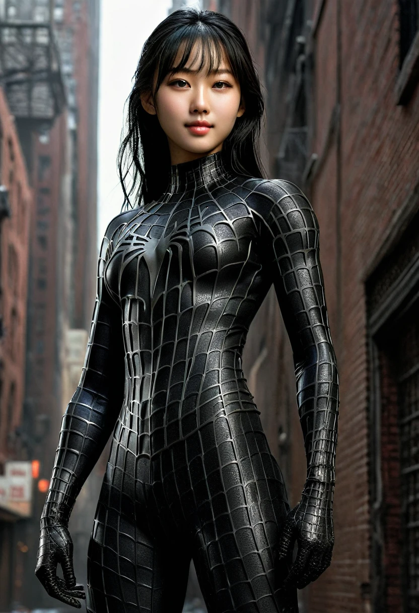 score_9, score_8_up, score_7_up, best quality, realistic, masterpiece, beautiful detail, hyperrealistic, (1girl, woman body, muscular girl, large breast, smile), amazing detailed full body portrait of a beautiful ulzzang girl, wearing a realistic and highly detailed black raimi spider-man suit, ((huge muscular girl)), professional model wears ultra - detailed black raimi spider - man suit, ultra - detailed and grained black raimi spiderman suit, suit covered entire body and hand, black spiderman gloves, wet, (strong pose), (full body), (dirty skin), close up, octane render, highly detailed, volumetric, dramatic lighting, (highest quality:1.1), (HDR:1.3), (top quality, best quality), realistic, high definition,