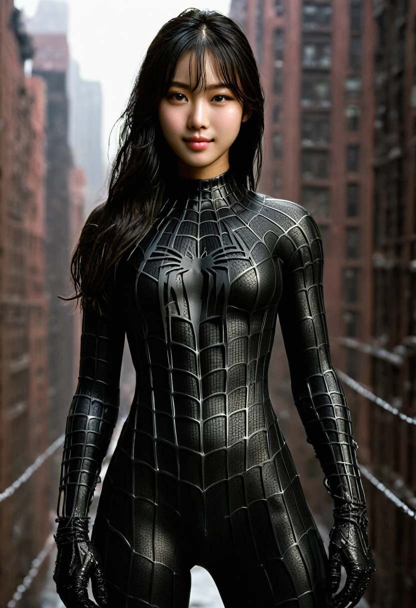 score_9, score_8_up, score_7_up, best quality, realistic, masterpiece, beautiful detail, hyperrealistic, (1girl, woman body, muscular girl, large breast, smile), amazing detailed full body portrait of a beautiful ulzzang girl, wearing a realistic and highly detailed black raimi spider-man suit, ((huge muscular girl)), professional model wears ultra - detailed black raimi spider - man suit, ultra - detailed and grained black raimi spiderman suit, suit covered entire body and hand, black spiderman gloves, wet, (strong pose), (full body), (dirty skin), close up, octane render, highly detailed, volumetric, dramatic lighting, (highest quality:1.1), (HDR:1.3), (top quality, best quality), realistic, high definition,