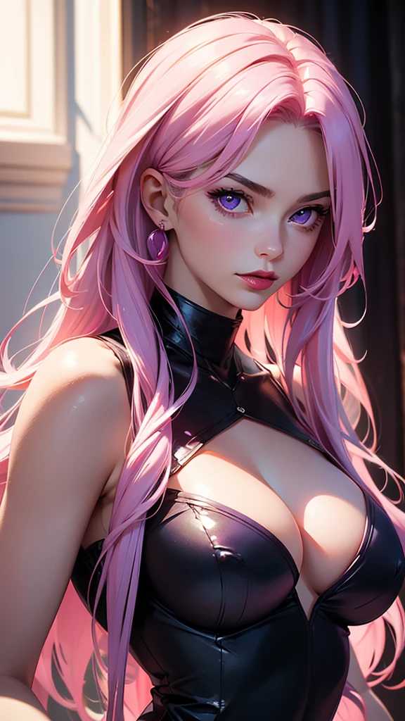 Best Quality, Masterpiece, Portrait, Perfect Anatomy, Femininity, Cool, Flawless, One Woman, Solo, Sexy, Stylish, Mature, Purple Eyes, Long Light Pink Hair, Big Breasts, Red Lipstick, Big Breasts, In a Sexy Sheer Top, portrait