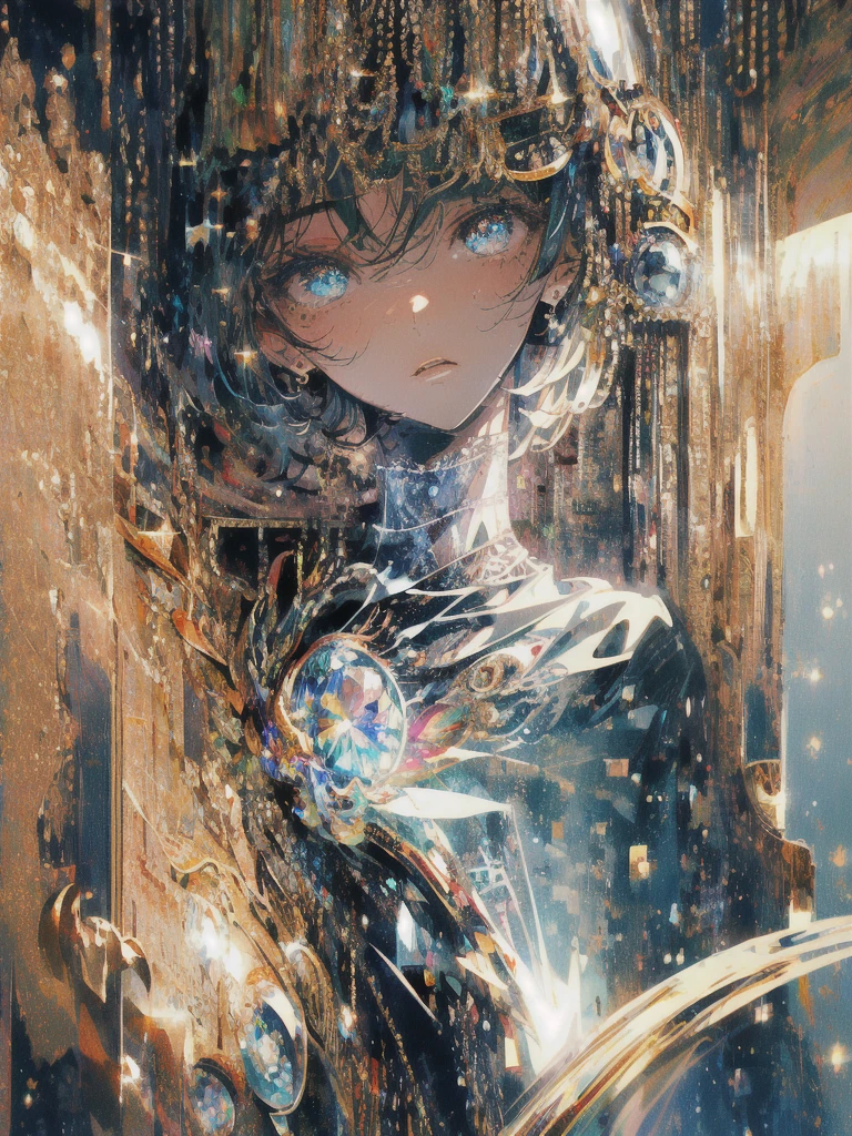 ((masterpiece, highest quality, Super detailed, High resolution)), alone, beautiful girl, shining eyes, perfect eyes, , black white gold theme,
