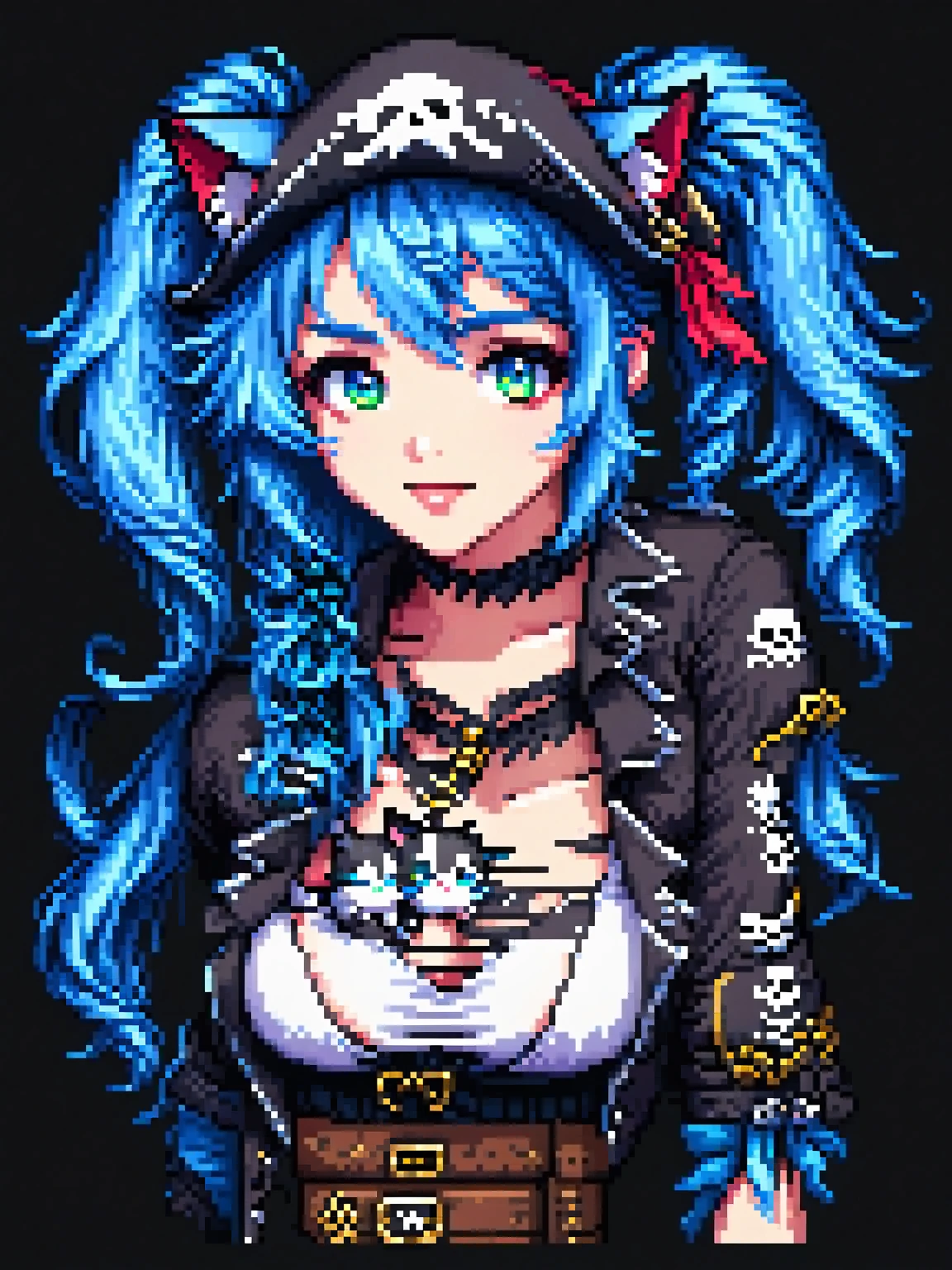 yamer_pixel_fusion, pixel art, best quality, (girl), beautiful detailed eyes, looking at viewer, upper body, blue hair, shy, cat ears, very detailed, high resolution, sharp, sharp image,  bit game style, shirt, houshou marine, solo, heterochromia, pirate hat, twin tails, black background, seductive smile, 