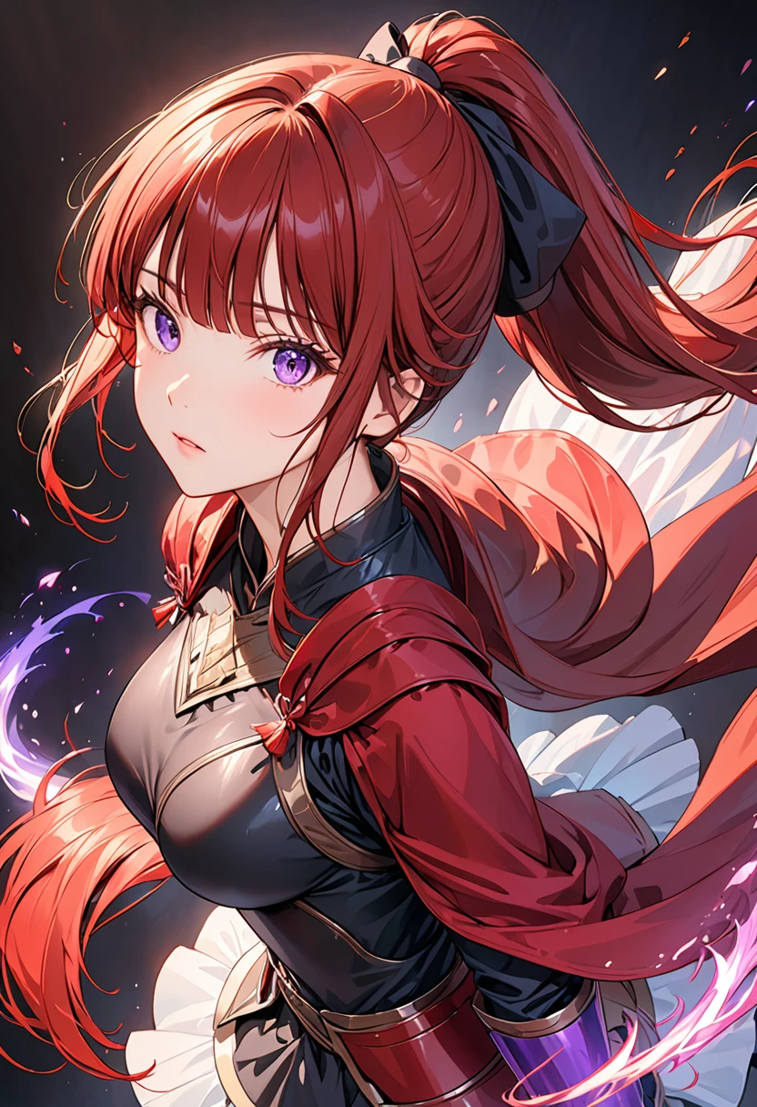 ((Top Quality)), ((Masterpiece)), (Detail), high resolution, Perfect Face, Fine Eyes, detailed eyes, Depth of Field, Special Shading, (photorealistic), (from below), (1 beautiful girl), sharp eyes, Dynamic posture, large breasts, (red hair, long hair, high ponytail, blunt bangs), ((Dark looking outfits, armor Dresses)) BREAK (aura effect1.2), She wears a purple aura, Intense battle scenes, Light particles, (simple black background)