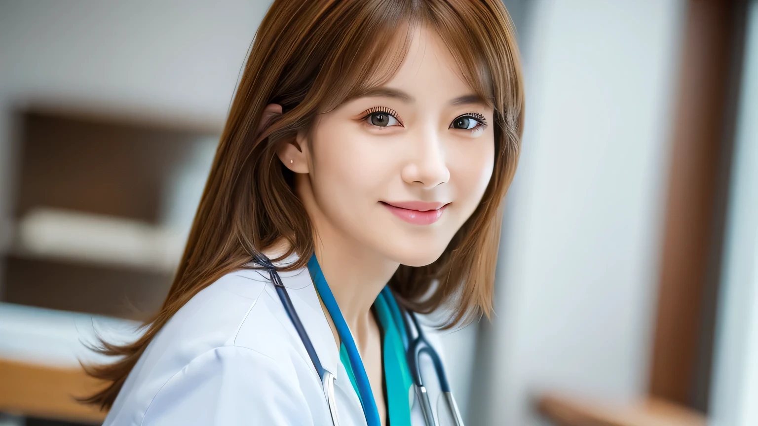 ((Mastepiece,Photorealistic)), (((8K,Best Quality: 1.5))), ((Super Detail: 1.5)) , Cute Woman,Beautiful woman,Japanese,Age 25,((Inside the hospital,nurse)),Ultra-detailed facial features, Relaxed smile, Detailed Texture, Natural Skin Shader, photograph,(((Full Body))),Ultra-high resolution,Beautiful Japanese women,(((Female doctor,best quality))),Realistic eyes,Brown eyes,Realistic Skin,Golden Ratio,((Brown Hair,Long Hair:1.3,1girl)),Glowing, firm and radiant skin