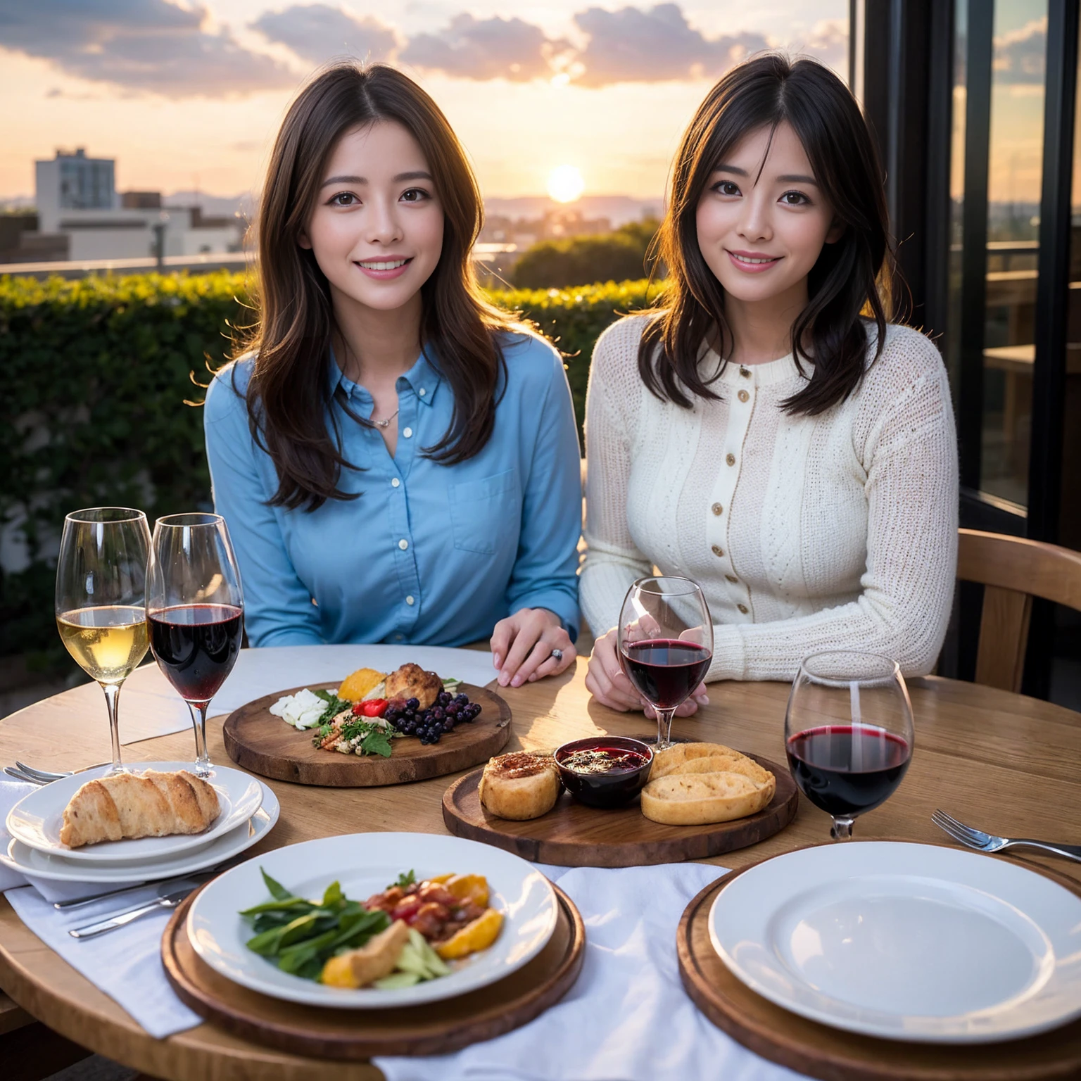 ((Highest quality、8K、masterpiece:1.3))、 (Genuineistic, Genuine、Bright image、Intricate details:1.2), 最高のsmile、1 male 1 female、Slim Body、Beautiful couple、Satomi Ishihara-like lover、Model Friends、actress couple、smile、A full-course dinner with a full table、 (Slim face), (the body is slim), (Brown Hair), (short hair), テーブルのwine glass、Please shine a light on my face、 Amazing view of the sunset sky and clouds、 (39 years old)38 years old, red wine 、Wine bottle、sparkling wine、Long sleeve shirt、dress、White wine, red wine, wine glass, 