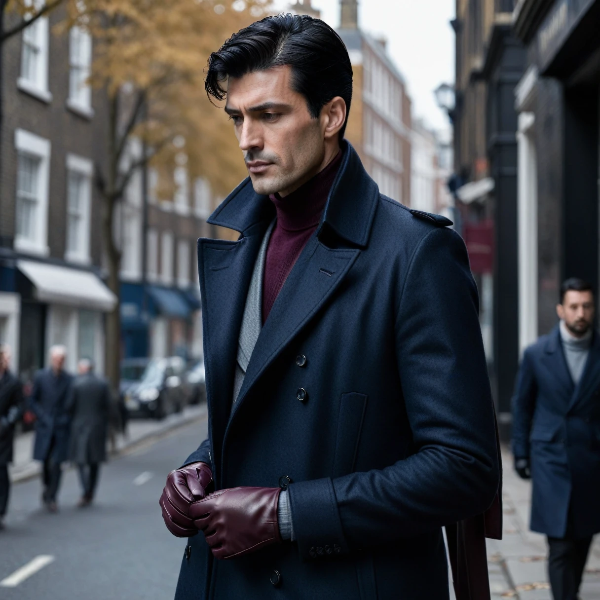 photorealistic, cinematic, raw photo, low angle shot, man, mature, black hair, short side part hairstyle, clean shaven, tall, thin, scar on cheek, wearing dark navy doublebreasted long overcoat, ligh blue shirt, dark burgundy stripted necltie. light grey leather gloves, walking on streets of London, late autumn, midday