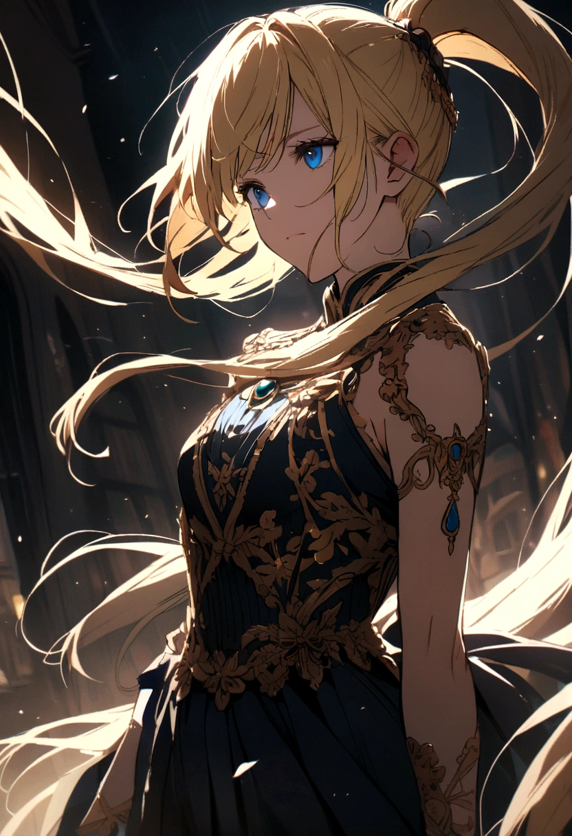 Long ponytail, blue eyes, blonde