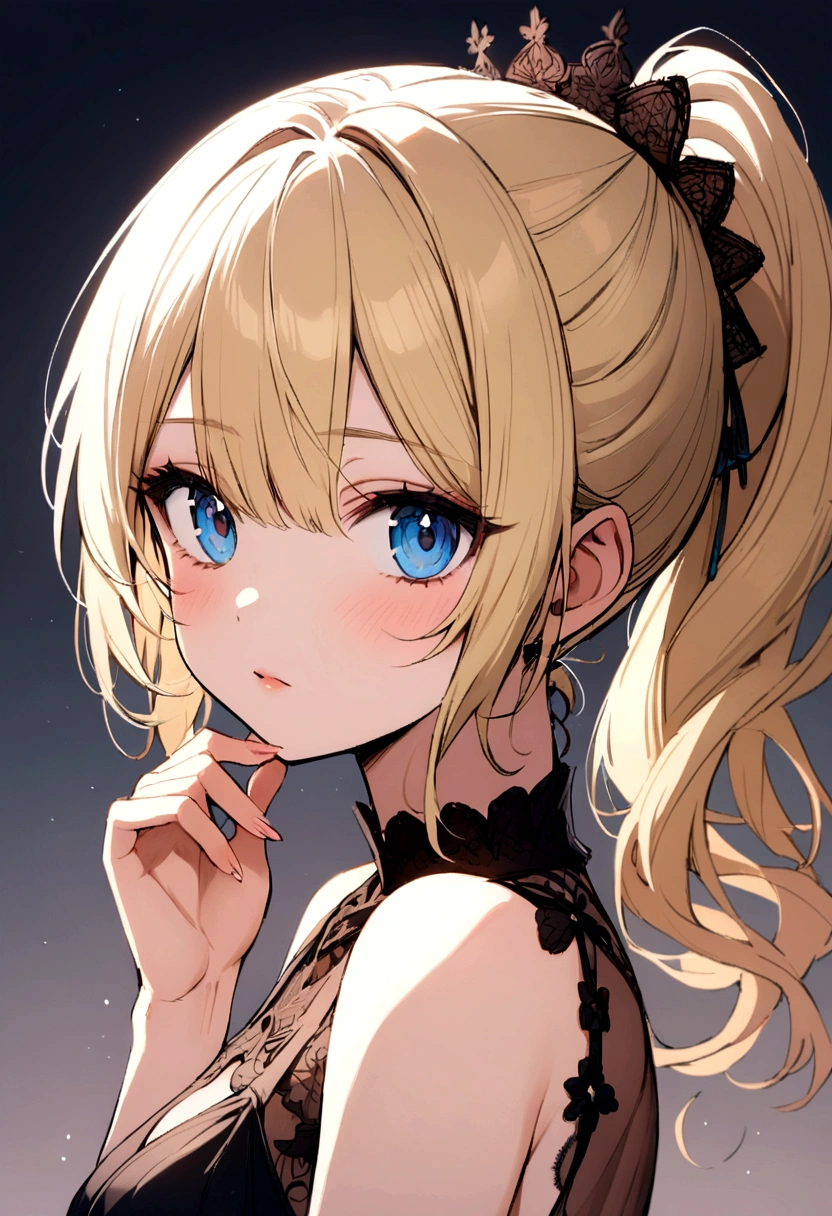 Long ponytail, blue eyes, blonde