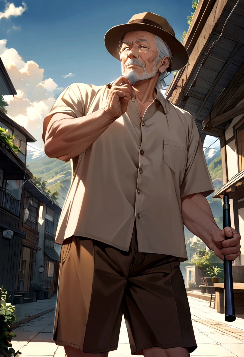 70 year old man, silver hair, goatee, brown hat, Caucasian, fawn buttoned shirt, brown shorts, dark blue fishing rod
