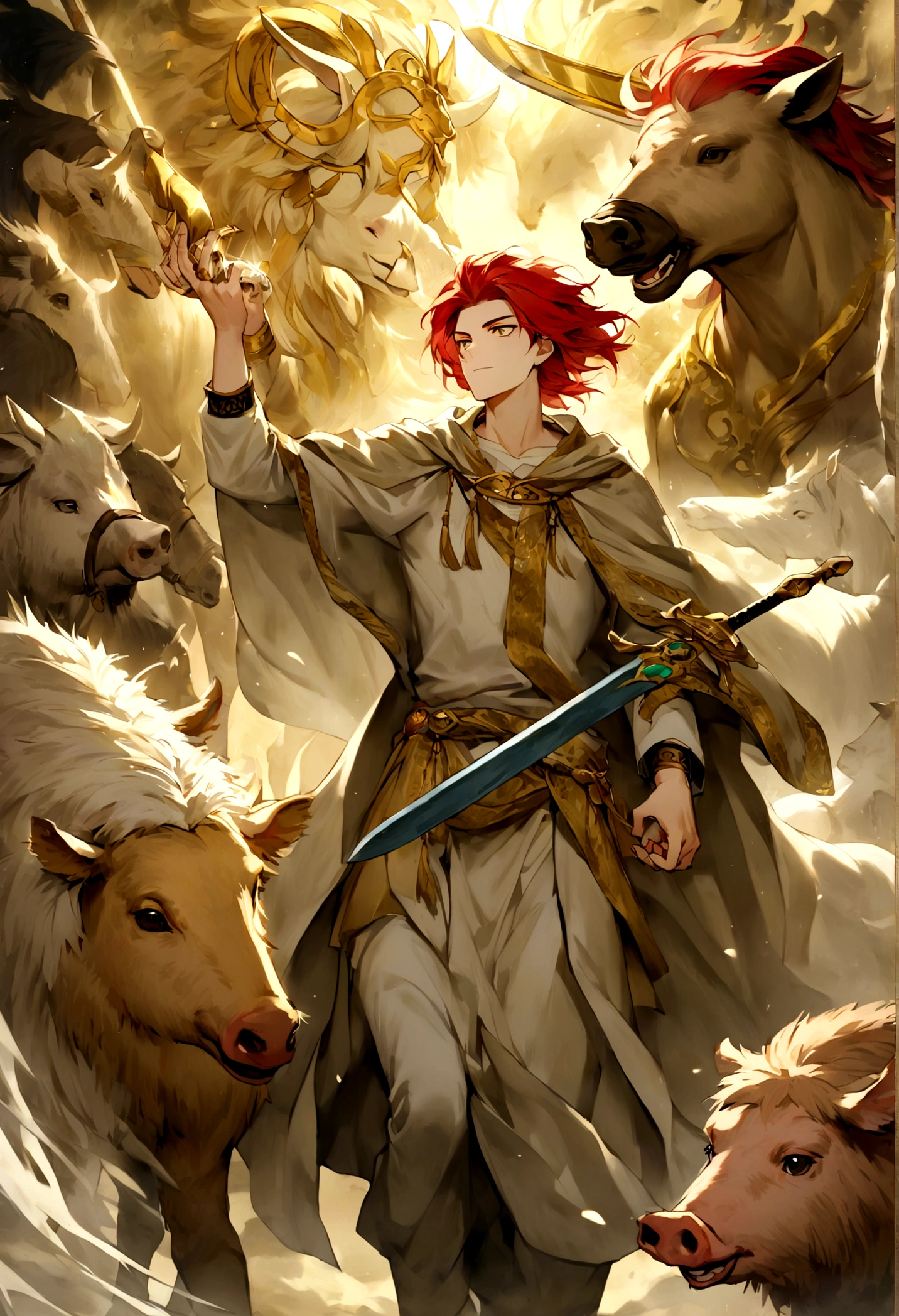 A brave youth boy with red hair and golden eys, he is wearing an acient persian cloak and holding a shamshir sword on hand. Behind he is a sacred raptor, a boar, a bull, a gale, a white ram, a black goat, a white stallion, an ancient persian warrior and a gold camel.