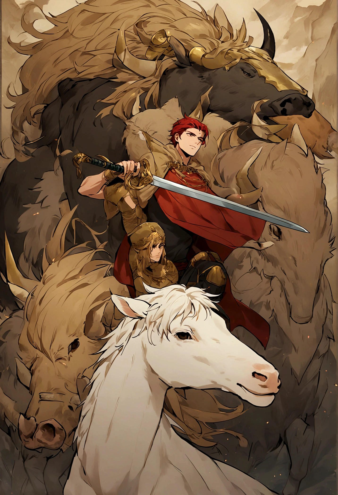 A brave youth boy with red hair and golden eys, he is wearing an acient persian cloak and holding a shamshir sword on hand. Behind he is a sacred raptor, a boar, a bull, a gale, a white ram, a black goat, a white stallion, an ancient persian warrior and a gold camel.