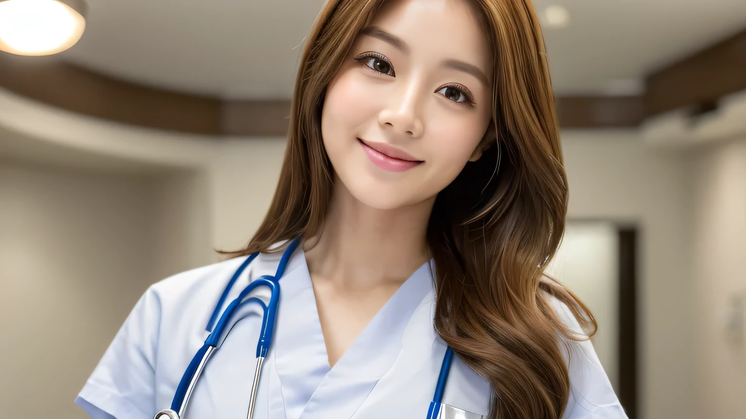 ((Mastepiece,Photorealistic)), (((8K,Best Quality: 1.5))), ((Super Detail: 1.5)) , Cute Woman,Beautiful woman,Japanese,Age 25,((Inside the hospital,nurse)),Ultra-detailed facial features, Relaxed smile, Detailed Texture, Natural Skin Shader, photograph,(((Full Body))),Ultra-high resolution,Beautiful Japanese women,(((Female doctor,best quality))),Realistic eyes,Brown eyes,Realistic Skin,Golden Ratio,((Brown Hair,Long Hair:1.3,1girl)),Glowing, firm and radiant skin