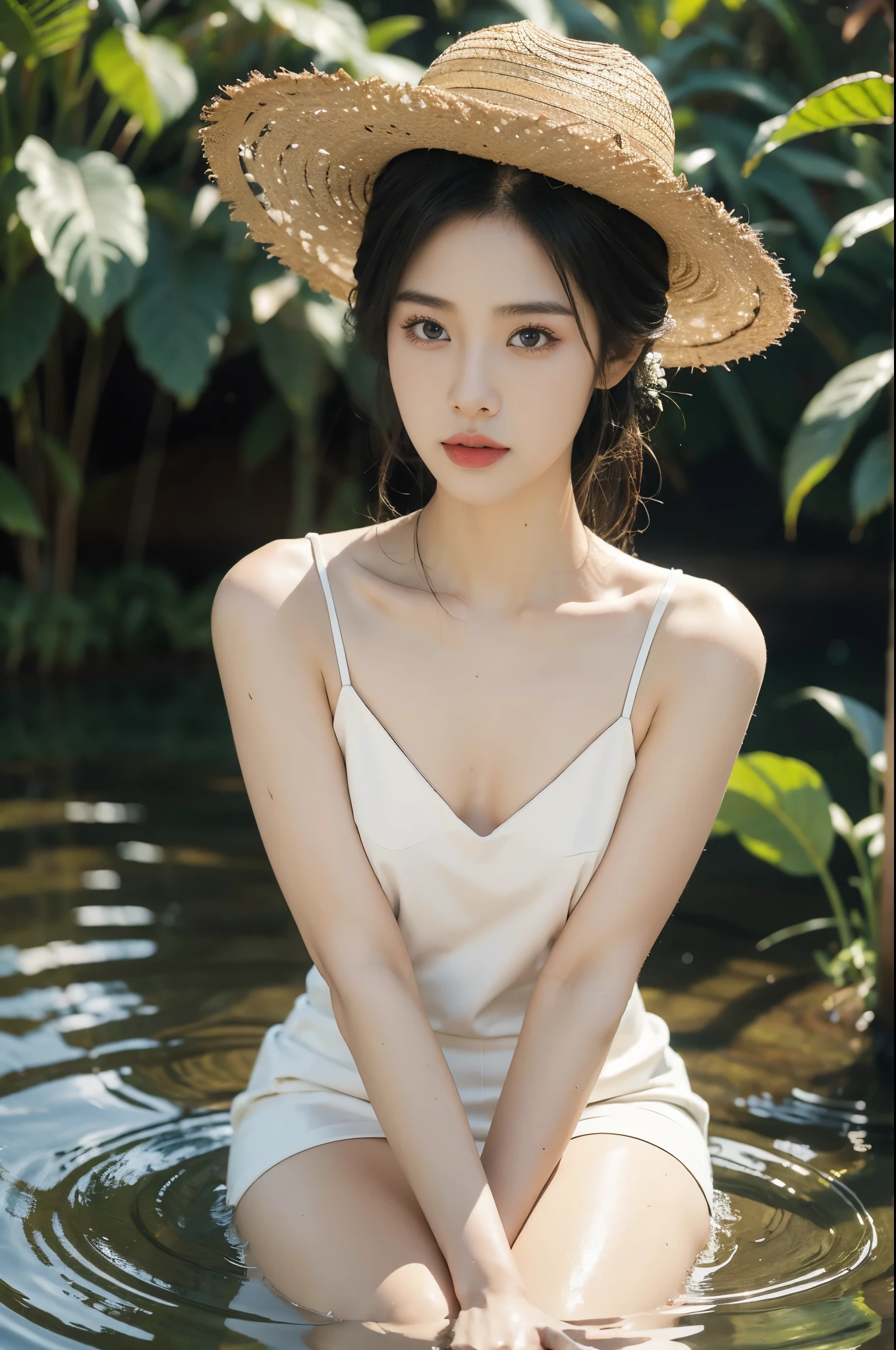(((best quality))),(((ultra detailed))),(((masterpiece))),illustration,1 beautiful girl,slim,straw hat,shiny skin,black skin,sweat,wet,flat chest,short Embroidered red cheongsam,collar,bare arms,pantyhose,sitting in the Paddy pool filled with Rice seedlings,upper body,elegant, clear sky, sunlight, dreamy, contrast, natural,Chinese rural landscape,The body below the neck is in water