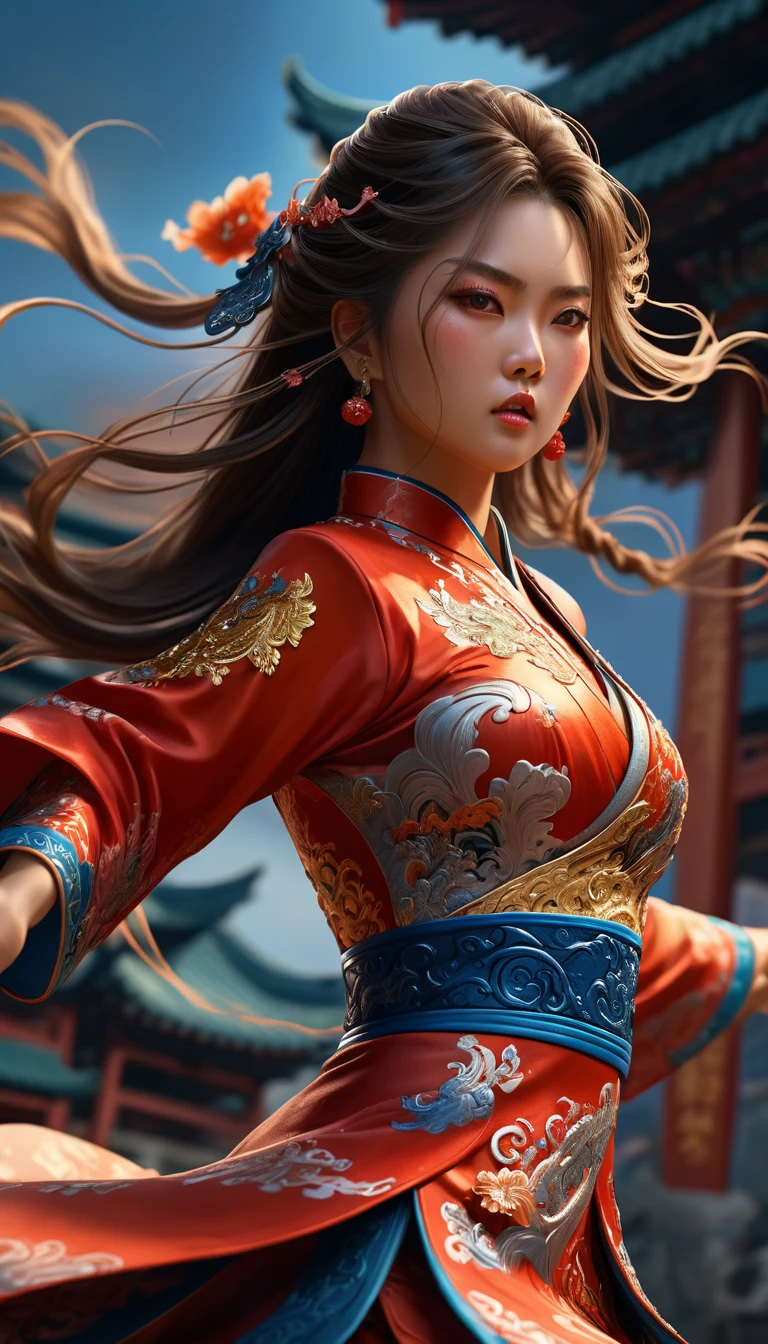 Full bidy shot, low angle shot , dynamic shot, a beautiful female warrior in a cheongsam, dynamic fighting pose, long flowing hair blowing in the wind, realistic digital painting, cinematic lighting, highly detailed, fantasy art, 8k, photorealistic, dramatic, powerful, muscular, graceful, elegant