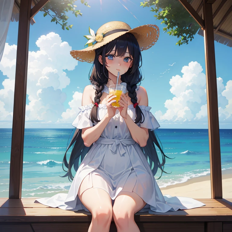 Masterpiece, best quality, Holding the cup of limonade with both hands, Raise both hands, Overlooking the sea, 1 Whole body of a girl, has brown long hair, Blue Eyes, bob cuts, Braided hair, summer dress, robe blanche, frilld, a straw fedora hat, Embarrassing, Troubled face, red blush, Seaside city, concept-art, beautiful anime scene, Beautiful anime scenery, beste-Quality, masterpiece