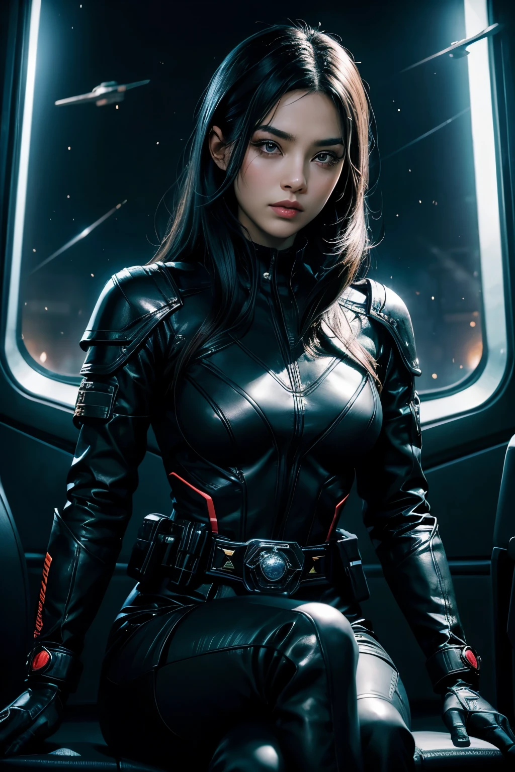 A beautiful woman. Twenty-five years old. Black hair. Beautiful double eyes. The bridge of my nose. Well-shaped lips. She is looking at the camera with a defiant expression. She wears black metallic combat uniform. There is something on his waist that is reminiscent of Kamen Rider's transformation belt. She is sitting in the command seat of Starfleet. Outer space can be seen outside the window.