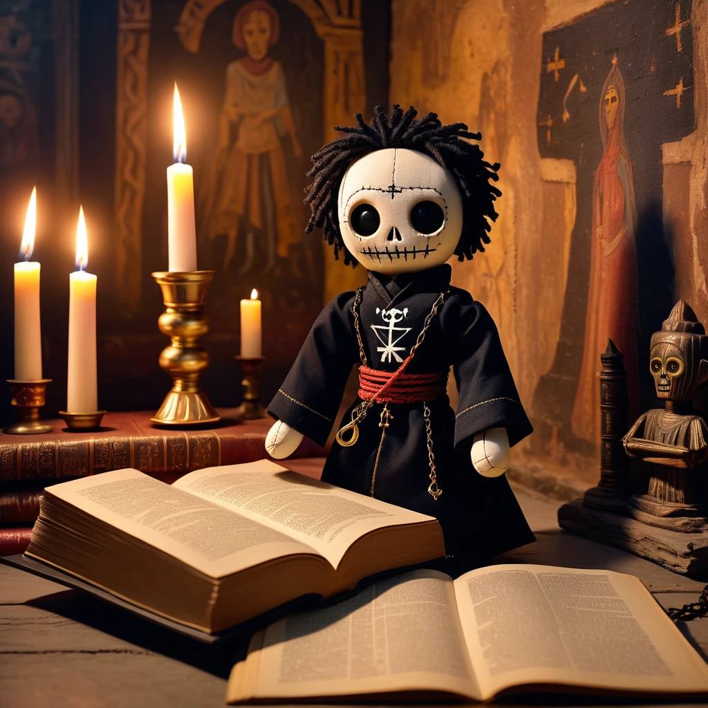 (knitted toy voodoo doll: 1.2), (Voodoo Dark Shepherd: 1.3), (Clothing Black cassock: 1.0), book with spells, cross on a chain, glowing eyes, (in the background an ancient temple with faded frescoes, candlelight reflected on the walls: 1.2), best quality, masterpiece, detailed soft oil painting, detailed background, dramatic cinematic lighting, soft edge lighting, professional, dramatic lighting, hard edge lighting, ultra quality, 4k, masterpiece, best quality, 8k, ultra high definition, high resolution, extremely detailed
