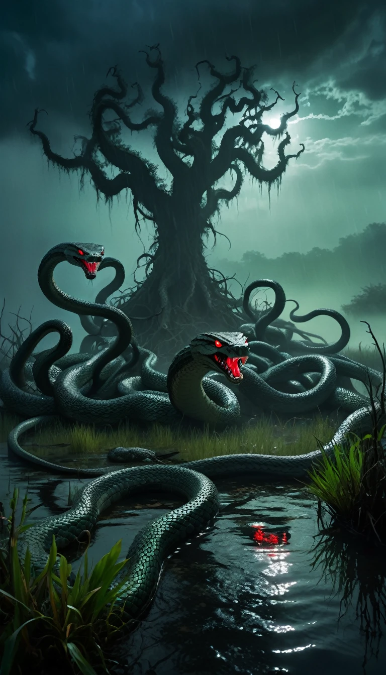 A terrifying Hydra with nine snake-like heads, each head with glowing red eyes and sharp, venomous fangs, emerging from a dark, foggy swamp. The Hydra's scaly, dark green skin glistens under the pale moonlight. The air is filled with an eerie, greenish mist and the swamp is dotted with twisted, dead trees. Lightning crackles in the stormy sky above, casting dramatic shadows and highlighting the monstrous form of the Hydra, making it look even more menacing