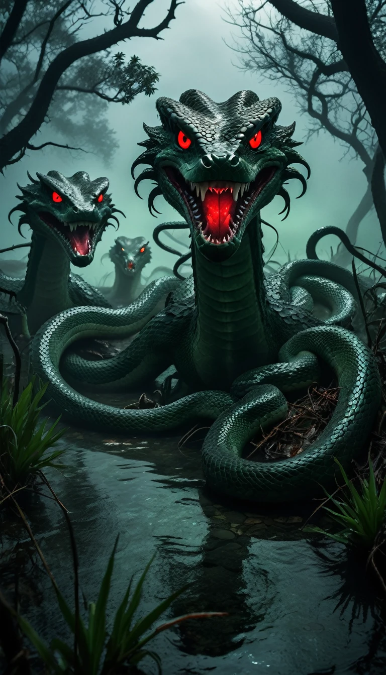 A terrifying Hydra with nine snake-like heads, each head with glowing red eyes and sharp, venomous fangs, emerging from a dark, foggy swamp. The Hydra's scaly, dark green skin glistens under the pale moonlight. The air is filled with an eerie, greenish mist and the swamp is dotted with twisted, dead trees. Lightning crackles in the stormy sky above, casting dramatic shadows and highlighting the monstrous form of the Hydra, making it look even more menacing