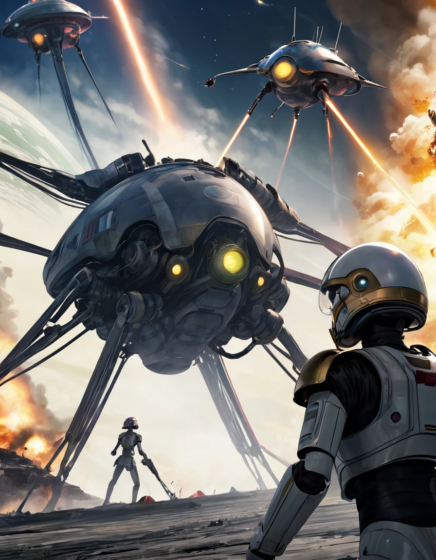 War of the Worlds,Countless fighters,Cockpit perspective,planetes,in fighting,close battle,Crisis,Nervousness,explosions,tragedy,droid,Masterpiece,high-detail,perfect-composition,the golden ratio,8K, the back of a woman military, weapon