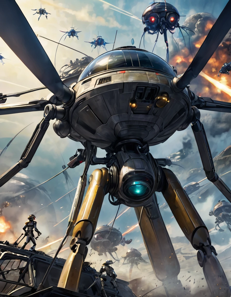 War of the Worlds，Countless fighters，Cockpit perspective，planetes，in fighting，close battle，Crisis，Nervousness，explosions，tragedy，droid，Masterpiece，high-detail，perfect-composition，the golden ratio，8K, the back of a woman military, weapon