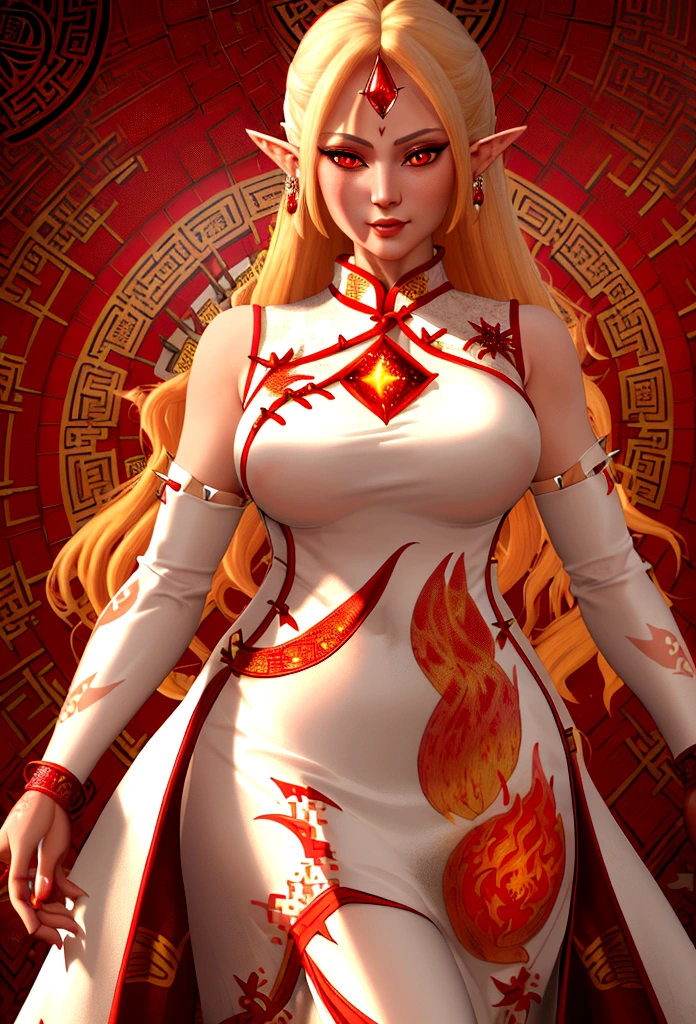 high details, best quality, 16k, [ultra detailed], masterpiece, best quality, (extremely detailed), full body, ultra wide shot, photorealistic, fantasy art, dnd art, rpg art, realistic art, an ultra wide picture of a female elf (intricate details, wearing fiery (white Cheongsam studded with red diamonds: 1.5), Masterpiece, best quality: 1.5) goddess of fire ((fiery radiant aura)), controlling a swirling red fire, fiery red radiant magic (1.5 intricate details, Masterpiece, best quality), manipulating purple radiant magical symbols, [[divine symbols]] (intricate details, Masterpiece, best quality: 1.5), elf female, (blond hair: 1.3), long hair, hair with aura, with red radiant eyes, intense eyes, ((radiant eyes)), (( red glowing eyes)), she wears Cheongsam with fiery patterns,  the fire leaps from the Cheongsam, fantasy volcano back ground, streams of lava, celestial background, ((divine worship atmosphere)), high details, best quality, highres, ultra wide angle, faize, diam0nd, Hyperrealism style