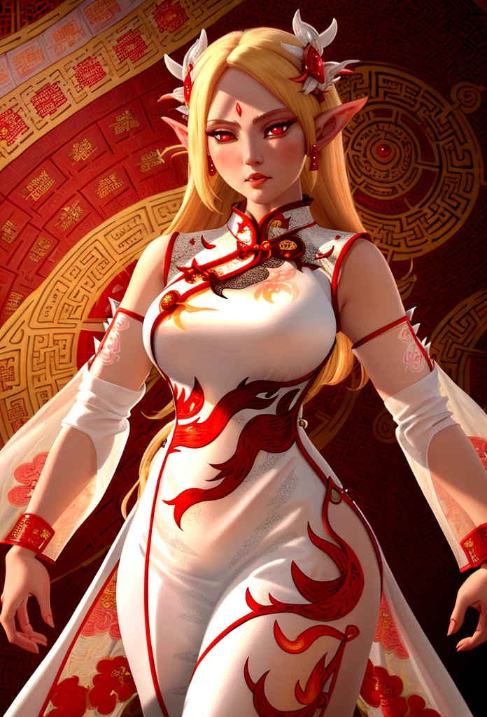high details, best quality, 16k, [ultra detailed], masterpiece, best quality, (extremely detailed), full body, ultra wide shot, photorealistic, fantasy art, dnd art, rpg art, realistic art, an ultra wide picture of a female elf (intricate details, wearing fiery (white Cheongsam studded with red diamonds: 1.5), Masterpiece, best quality: 1.5) goddess of fire ((fiery radiant aura)), controlling a swirling red fire, fiery red radiant magic (1.5 intricate details, Masterpiece, best quality), manipulating purple radiant magical symbols, [[divine symbols]] (intricate details, Masterpiece, best quality: 1.5), elf female, (blond hair: 1.3), long hair, hair with aura, with red radiant eyes, intense eyes, ((radiant eyes)), (( red glowing eyes)), she wears Cheongsam with fiery patterns,  the fire leaps from the Cheongsam, fantasy volcano back ground, streams of lava, celestial background, ((divine worship atmosphere)), high details, best quality, highres, ultra wide angle, faize, diam0nd, Hyperrealism style