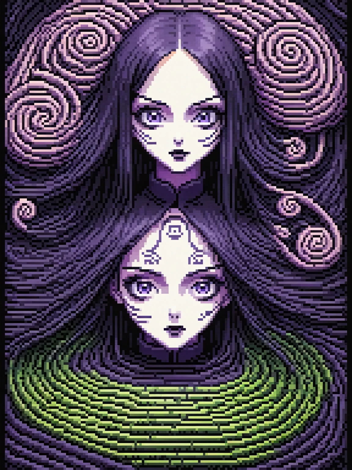 gba portrait pixel art, flat design 8 bit, manga drawing of uzumaki from addams family (horror face) Pen and (Ink) Cross ((Hatching)), ((thick lines)), by ((junji ito)) by vladimir kush, fine details, ink art, outline tracing, intricate details, high contrast, paper texture, ((microporosity Surface)), ((snails)) (spirals) Papyrus ((intricate details)), octane render, concept art. digital artwork, illustrative, painterly, matte painting, highly detailed