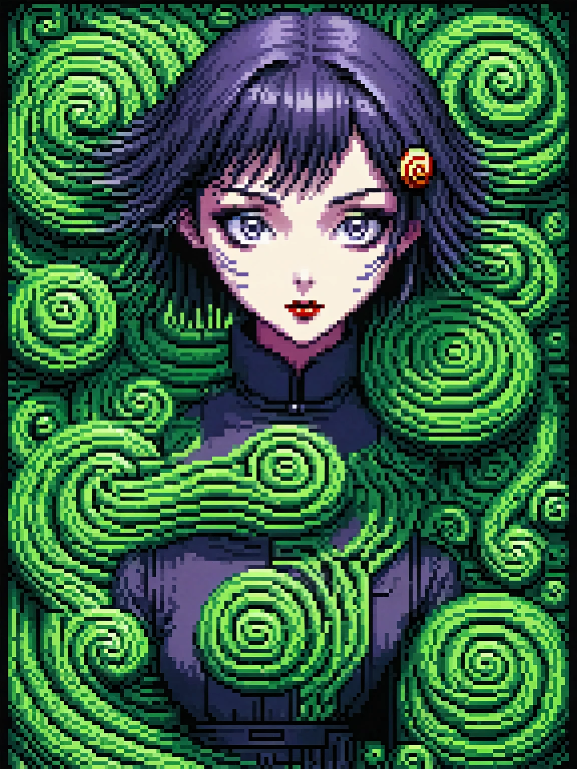 gba portrait pixel art, flat design 8 bit, manga drawing of uzumaki from addams family (horror face) Pen and (Ink) Cross ((Hatching)), ((thick lines)), by ((junji ito)) by vladimir kush, fine details, ink art, outline tracing, intricate details, high contrast, paper texture, ((microporosity Surface)), ((snails)) (spirals) Papyrus ((intricate details)), octane render, concept art. digital artwork, illustrative, painterly, matte painting, highly detailed