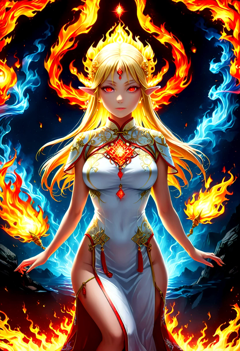 high details, best quality, 16k, [ultra detailed], masterpiece, best quality, (extremely detailed), full body, ultra wide shot, photorealistic, fantasy art, dnd art, rpg art, realistic art, an ultra wide picture of a female elf (intricate details, wearing fiery (white Cheongsam studded with red diamonds: 1.5), Masterpiece, best quality: 1.5) goddess of fire ((fiery radiant aura)), controlling a swirling red fire, fiery red radiant magic (1.5 intricate details, Masterpiece, best quality), manipulating purple radiant magical symbols, [[divine symbols]] (intricate details, Masterpiece, best quality: 1.5), elf female, (blond hair: 1.3), long hair, hair with aura, with red radiant eyes, intense eyes, ((radiant eyes)), (( red glowing eyes)), she wears Cheongsam with fiery patterns,  the fire leaps from the Cheongsam, fantasy volcano back ground, streams of lava, celestial background, ((divine worship atmosphere)), high details, best quality, highres, ultra wide angle, faize, diam0nd