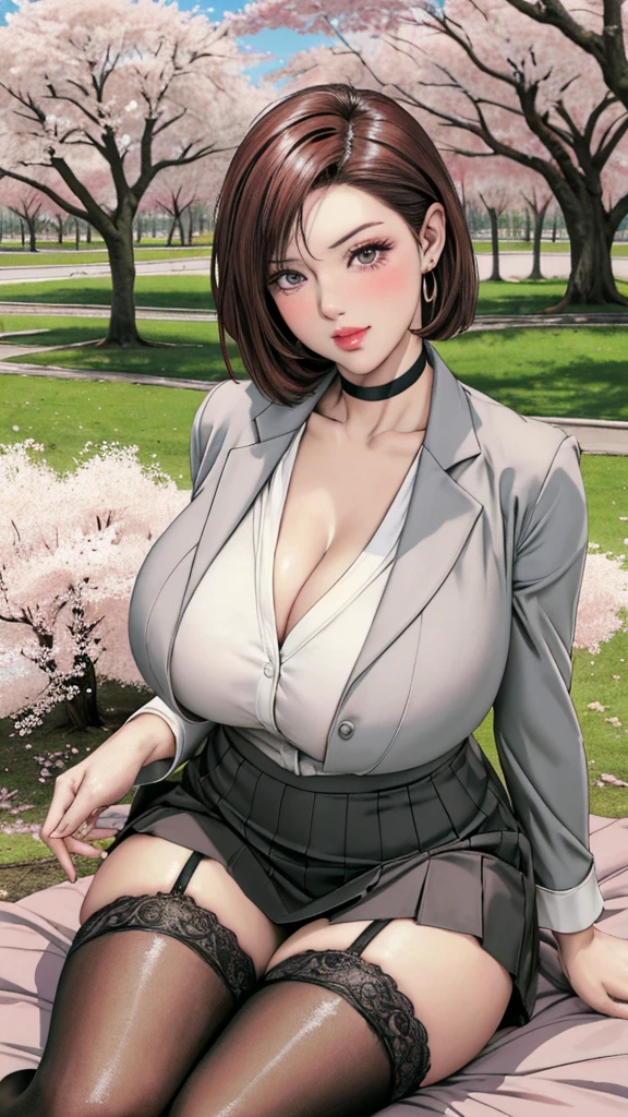 Women drinking sake while enjoying cherry blossom viewing in a park with cherry blossoms in full bloom and petals just starting to fall, In a park rich in nature、plant, (((Masterpiece of sexy pose))), ((highest quality)), ((Complex)), ((surreal)), stupid reply, mature woman, mature woman, perspective, very detailed, shape, 3 girls, ((big breasts)), perfect hands, finger details, fine and beautiful eyes, short hair, brown eyes, (business suit:1.2), open office shirt, Tight Skirt, black choker, earrings, stockings, detailed background, perfect eyes, enchanting eyes, looking at the viewer, from below, I spread a plastic sheet under a cherry tree and sat with my legs crossed., blushing cheeks, Scene of a fun  with female friends