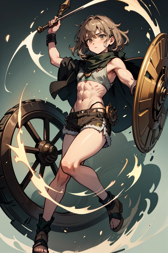 Masterpiece, High quality, anime lineart, 1man, fluffy brown hair, slightly female face, gray-green-brown eyes, black Shorts, A muscular body, a wheel of dharmas above his head, a spear in his hands