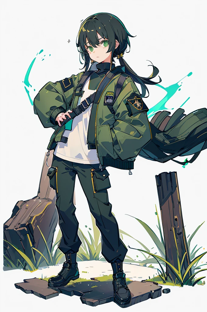 ((Masterpiece, Highest quality)), Detailed face, Black and white,, a girl in a black jacket and green Cargo pants standing, wearing Cargo pants, a green colored bomber jacket, Cargo pants , wearing dark green bomber jacket, black bomber jacket, black rugged clothing, cropped shirt with jacket, black pants, wearing a turtleneck and jacket, a girl wearing a black jacket, bomber jacket, black and green, white and black color scheme ((modern clothes)) Looking at the viewer, looking at the camera,