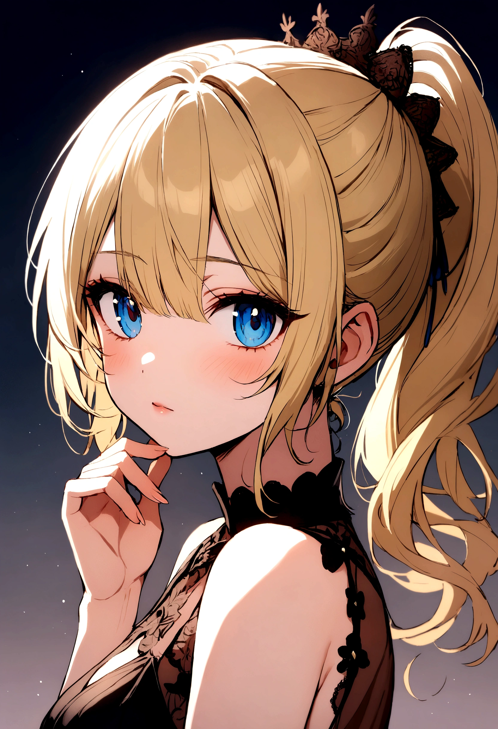 masterpiece, best quality, highly detailed background, perfect lighting, best quality, (extremely detailed face), volumetric lighting, intricate details, shadow, tonemapping, sharp focus, hyper detailed, trending on Artstation, (solo) ((Looking at the viewer)) .Girl with medium blond hair. Blue eyes. curvy. Blush, Clear skin. Big bust.((Gothic dressed)). Gothic shoes. ((Gothic makeup))