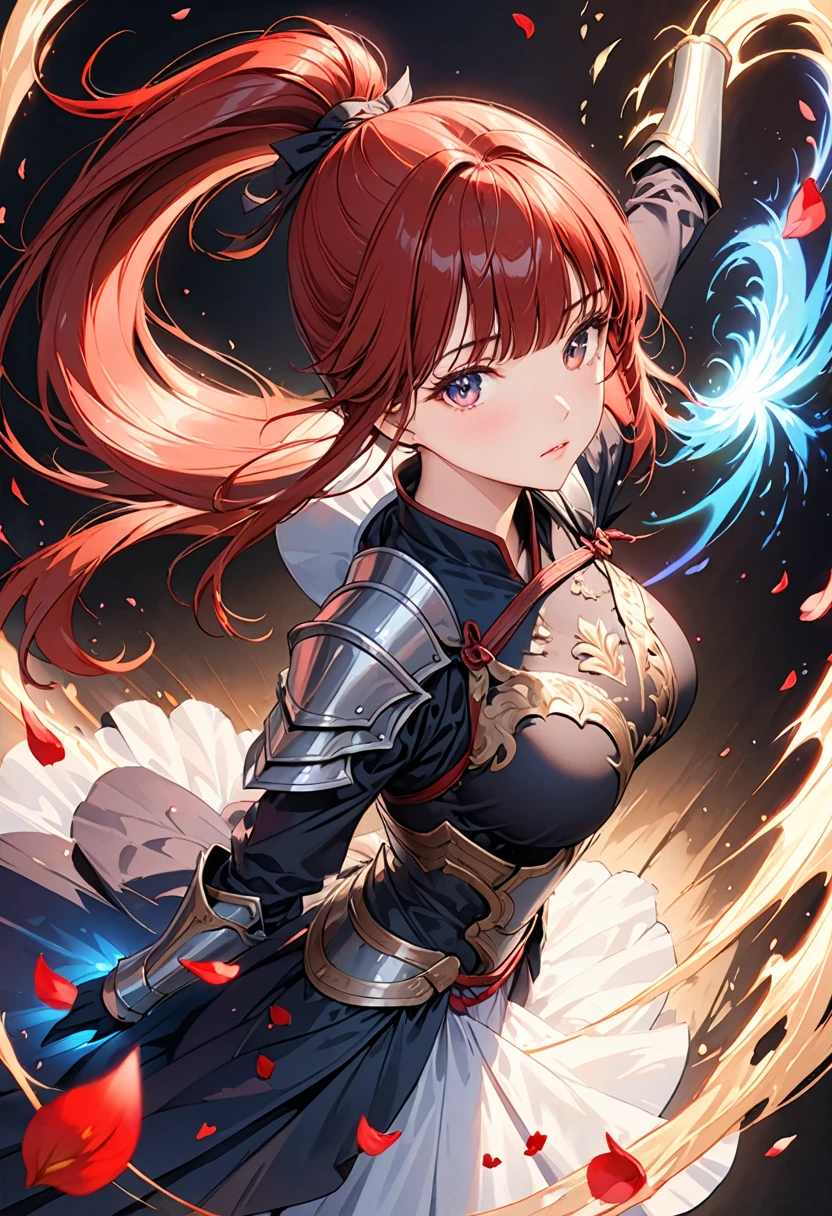 ((Top Quality)), ((Masterpiece)), (Detail), high resolution, Perfect Face, Fine Eyes, detailed eyes, Depth of Field, Special Shading, (photorealistic), (from above), looking at viewer, (1 beautiful girl), sharp eyes, Dynamic posture, large breasts, (red hair, long hair, high ponytail, blunt bangs), ((Dark looking outfits, armor Dresses)) BREAK (aura effect1.2), petals dance, Intense battle scenes, Light particles, (simple black background)