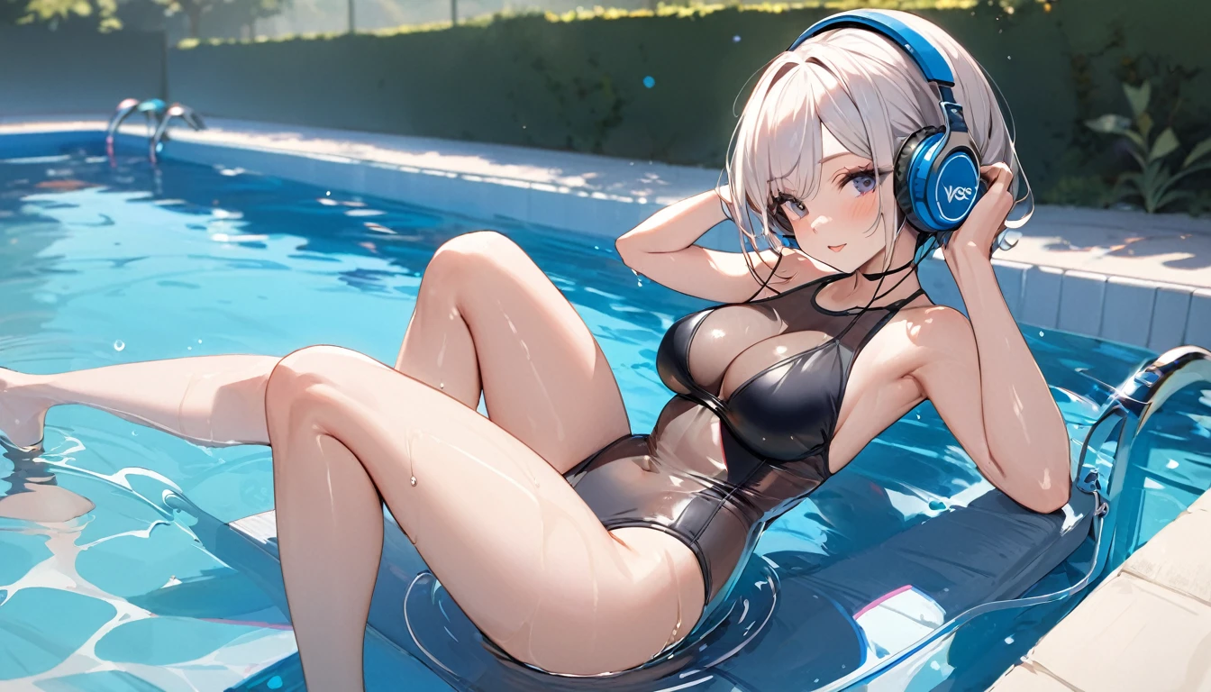 ((Top Quality)), ((Masterpiece)), ((Detail)), Perfect face, Perfact bodty, sitting on the swmming pool, listening to music, wearing headphones, wearing swimsuits, swimsuits are transparent, legs open Sitting wide open, wearing tight clothing (yes, and breasts osed). I see a face, one women